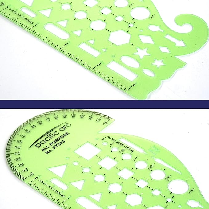 Pacific Arc All Purpose Template Guide, Featuring A Protractor, 4 Inch Ruler, French Curves, and Standard Shapes
