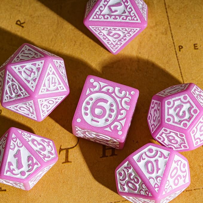 7-Die DND Dice Set New Pattern Polyhedral Dice Set with Leather Bag D&D Die for RPG Table Games(Pink White)