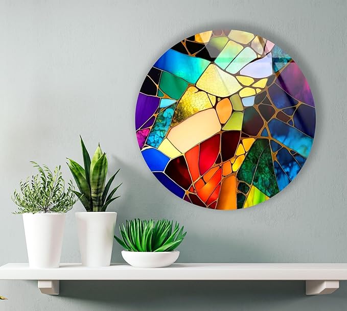 My Photostation.com 24''(60cm) Diameter Multicolor Round Stained Glass Wall Art Vibrant Mosaic Abstract Panel Tempered Glass Printing Wall Decor Large Wall Art Wall Hangings