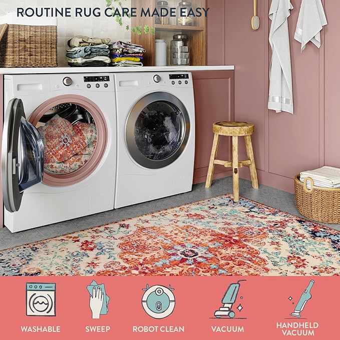 Lahome Bohemian Floral Medallion Round Rug - 3Ft Oriental Distressed Small Round Area Rug Vintage Washable Entryway Foyer Mat Non-Slip Non-Shedding Low-Pile Sofa Bathroom Carpet, Orange/Multi