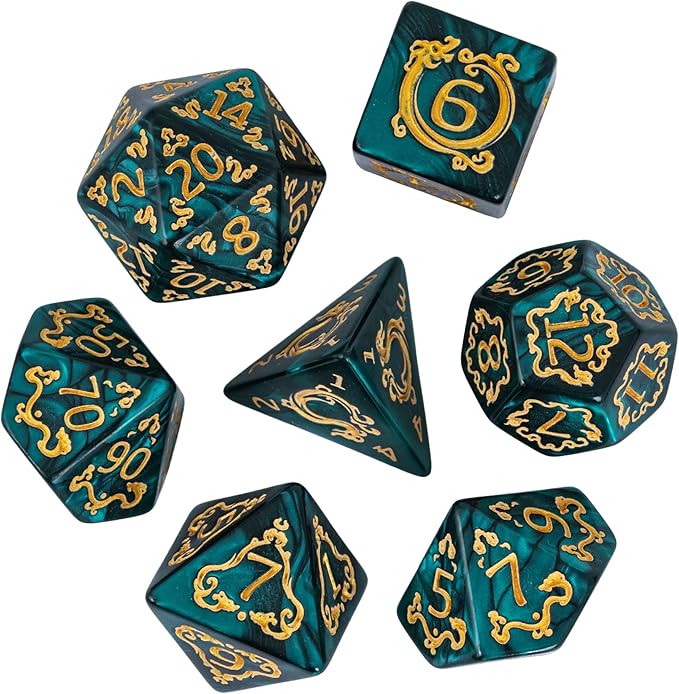 7-Die DND Dice Set Dragon Pattern Polyhedral Die with Leather Bag D&D Dice Set for RPG Table Games (Green W/Gold Dragon Pattern)