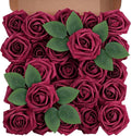 Artificial Flowers Foam Fake Roses 25pcs Dark Red Roses with Stems for Home Decor DIY Wedding Bouquets Party Bridal Shower Centerpieces Faux Flower Arrangements Tables Decorations