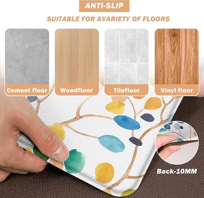 weesire Anti Fatigue Mats for Kitchen Floor Boho Kitchen Rugs Colorful Floral Leaves Memory Foam Cushioned Non-Slip Waterproof Kitchen Mat PVC Kitchen Rug Set, 17.3x28+17.3x47 inches, Laundry, Yellow