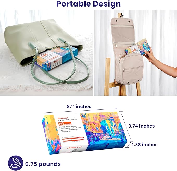 Watercolor Paint Set, 50 Colors, 4 Brushes, 3 Swatch Cards, Palette, Acrylic Marker Pen, and Accessories Included, All in One Portable Travel Watercolor Kit, Art Supplies Gift for Kids, Adults, Artists, and Hobbyists