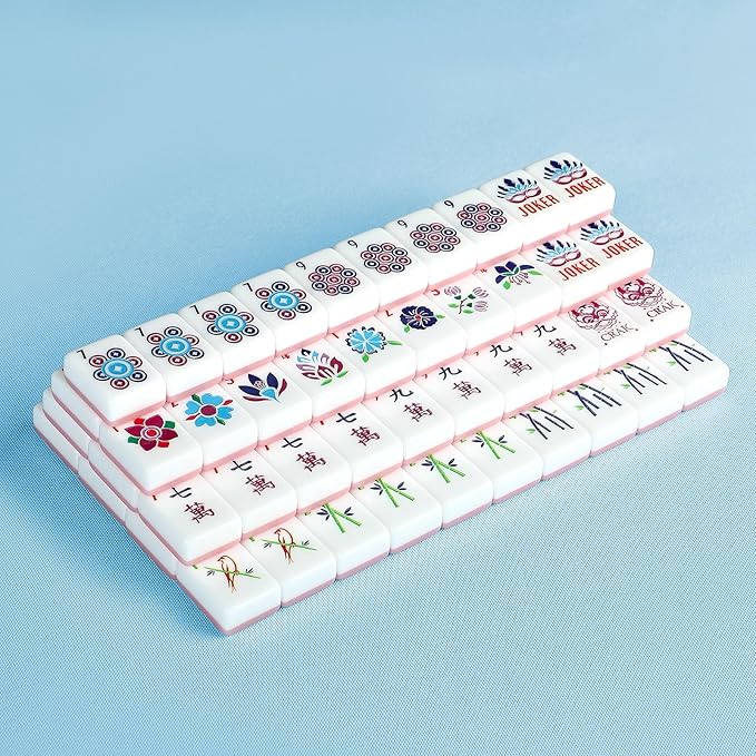 American Mahjong Tile Set,166 Tiles White Pink Acrylic Carving Tiles,Mahjong Game Set with Portable Travel case(Racks Not Included)