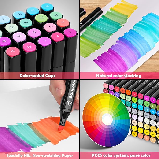 Soucolor Alcohol Markers, 80 Colors Dual Brush Tip Permanent Art Coloring Marker for Book Painting Card Making, Art Supplies Gift Box for Adults Teens Kids Boys Girls 8-12