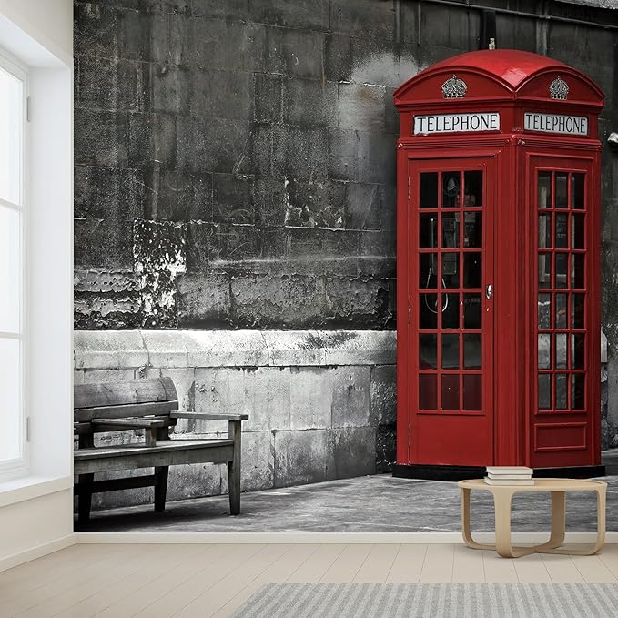 wall26 Wall Sticker/Wall Mural British Phone Booth in London, Not Peel and Stick, Non-Woven Wallpaper Decorative for Bedroom, Living Room,Office - 120x192 inches