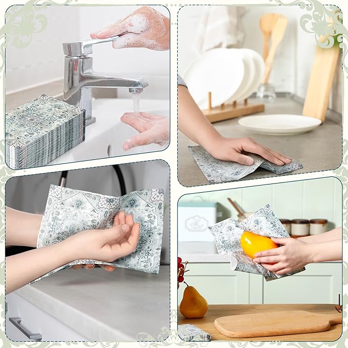 Yeaqee 100 Pcs Vintage Boho Napkins Paper Guest Towels 2 Ply Decoupage Napkins Disposable Decorative Hand Towel for Bathroom Kitchen Fall Wedding Party Dinner(Blue and Grey)