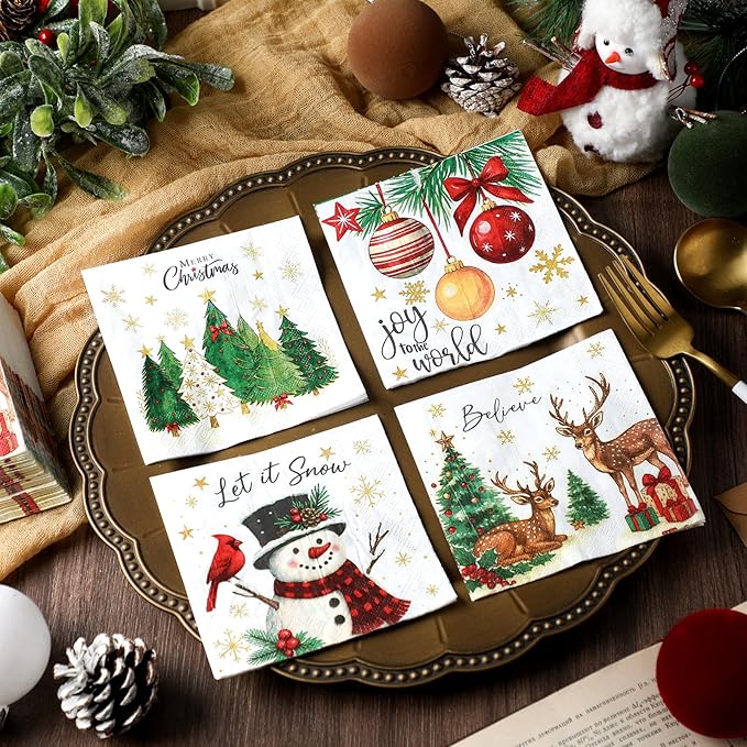 Janlaugh 200 Pcs Christmas Paper Cocktail Napkins Disposable 2 Ply Xmas Style Decoupage Beverage Napkins for Xmas Holiday Winter Dinner Table Decor (Classic Style)