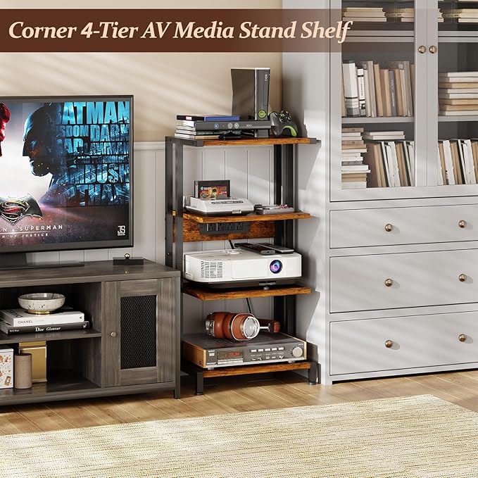 X-cosrack 4-Tier AV Media Stand with Power Strips, Wooden Corner Shelf Component Cabinet Stereo Audio Rack Stand Tower Perfect for DVD Players:Game Console:TV Box:Cable Box:Xbox:WiFi Router