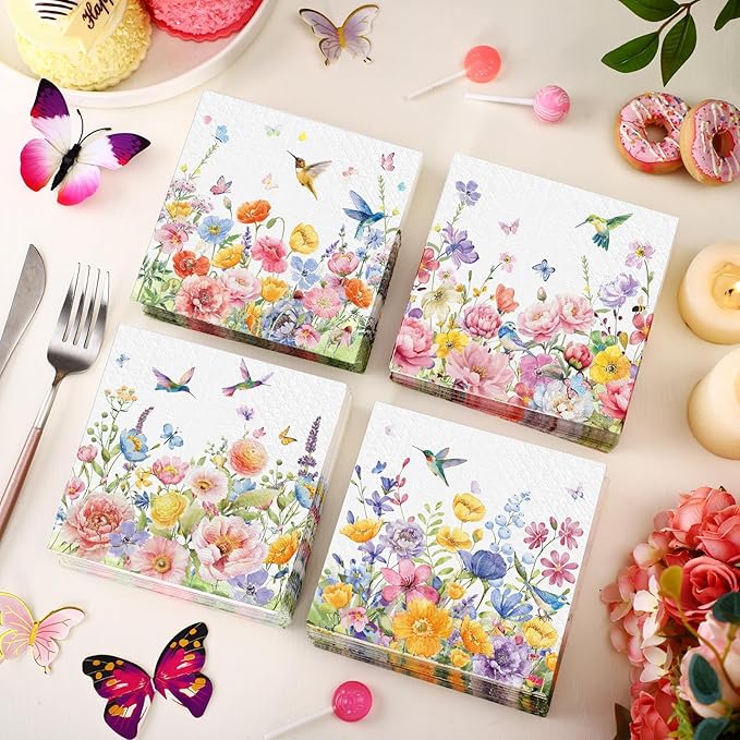 Janlaugh 200 Pcs Summer Floral Cocktail Napkins Disposable 2 Ply Flower Hummingbird Butterfly Dinner Paper Napkins Bulk for Summer Party Favor Supplies