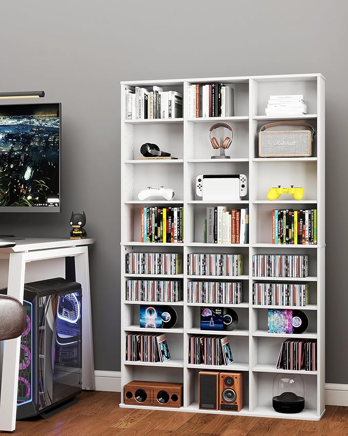 DVD Storage Shelf with Adjustable Shelves, 8-Tier Modern Media Tower for CDs, DVDs, Video Games, DVD Rack Cabinet Organizer for Living Room, Bedroom, Office
