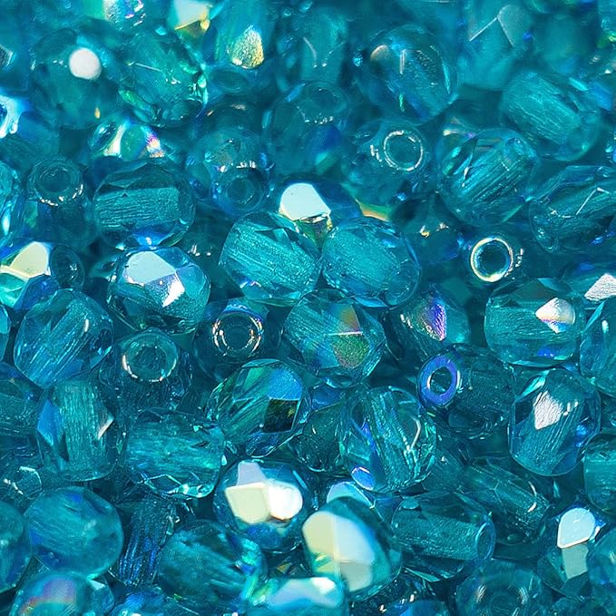 1.8oz (50g, Approx. 600 Beads) Faceted Fire Polished Pressed Czech Glass Beads 4mm (0.16in), Aqua Blue AB 60150 27801