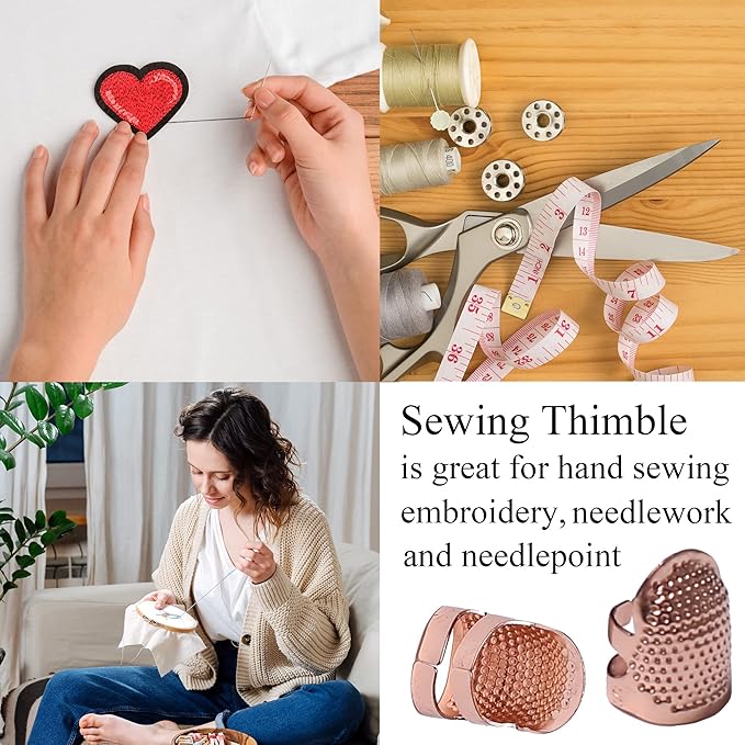 J.CARP 4Pcs Sewing Thimble, Metal Rose Gold Color Sewing Thimble Finger Protector, Adjustable Finger Shield Ring Fingertip Thimble Sewing Quilting Craft, Accessories DIY Sewing Tools (2 Sizes, S/M)