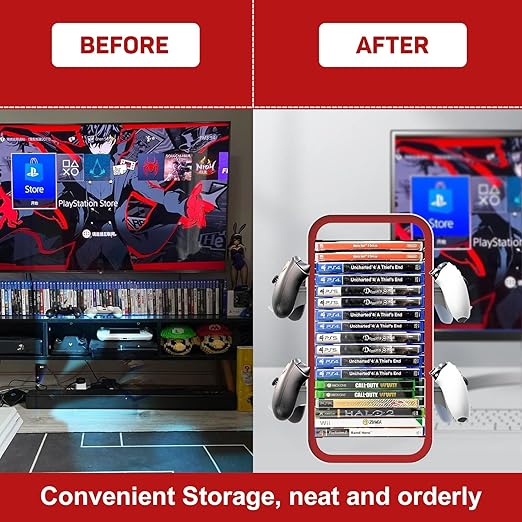 Wigmoa OYO-1 15.8INCH Game Storage Tower - PS5/Xbox Series/Switch Compatible, 18 Disc Organizer with 4 Controller Holder, Red/White