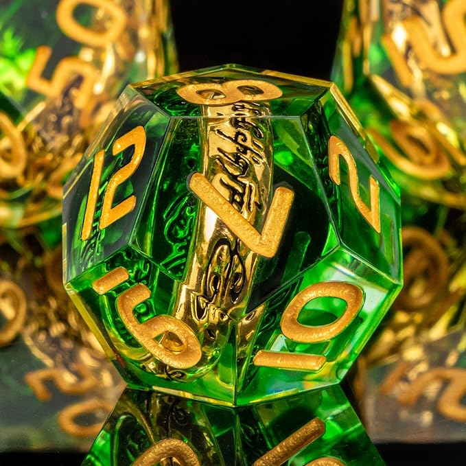 OUKELANWO Magic Lord Rings DND Dice Set with Box, 7Pcs Resin LOTR D&D Dice Set for Role Playing Game, Green Gold Dungeons Dragons D and D Sharp Edge Dice D20 D12 D10 D8 D6 D4