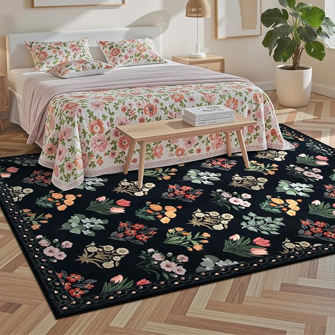 Wonnitar Floral Print 8x10 Washable Rug, Non Slip Black Dining Room Rug, Moroccan Large Stain Resistant Low Pile Indoor Carpet for Bedroom Playroom Home Decor, Black/Multi