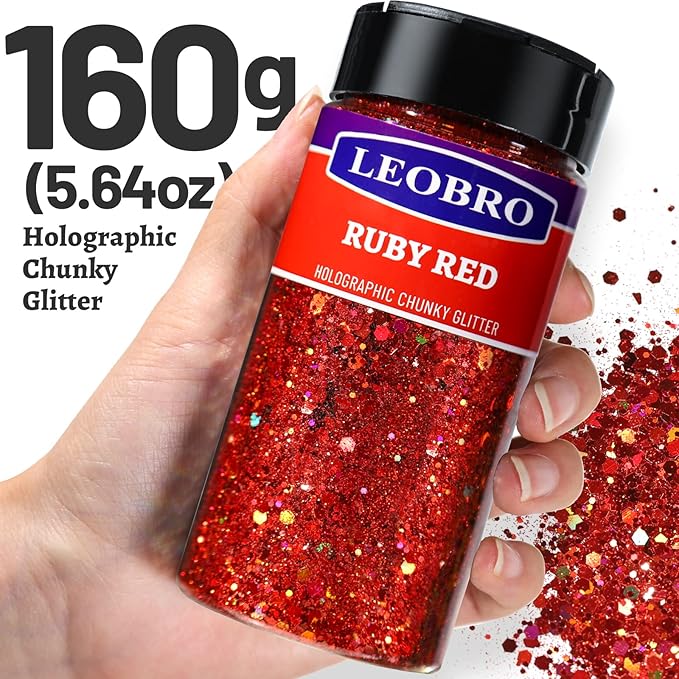 LEOBRO Red Glitter, 160g/5.64oz Holographic Chunky Glitter for Crafts, Resin, Nail Body, Tumblers, Party Decorations