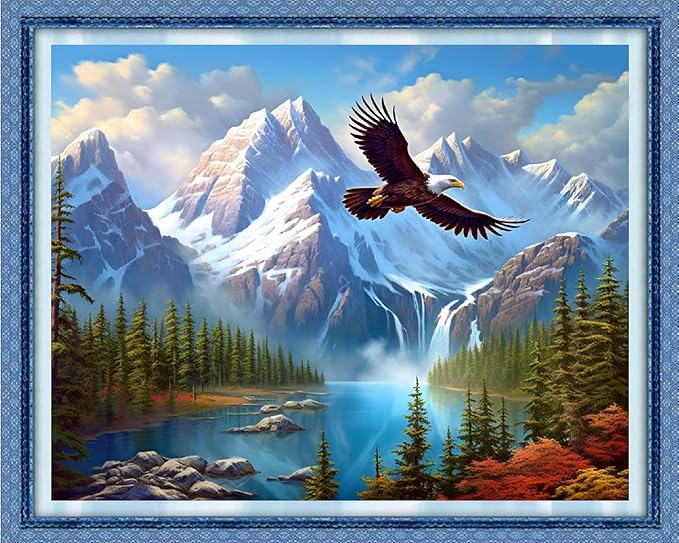 Dooxvey Cross Stitch Kits for Adults Beginners - Full Range of Stamped Kits - 11CT Cross Stitch Patterns - Mountain River Flying Eagles - 16x20 inch