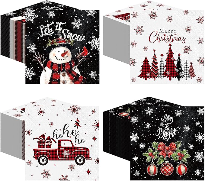 Janlaugh 200 Pcs Christmas Paper Napkins Disposable Snowman Cocktail Napkins Decoupage 2 Ply Snowflake Dinner Napkins Santa Beverage Napkins for Xmas Winter Table Decor(Black,Snowman)