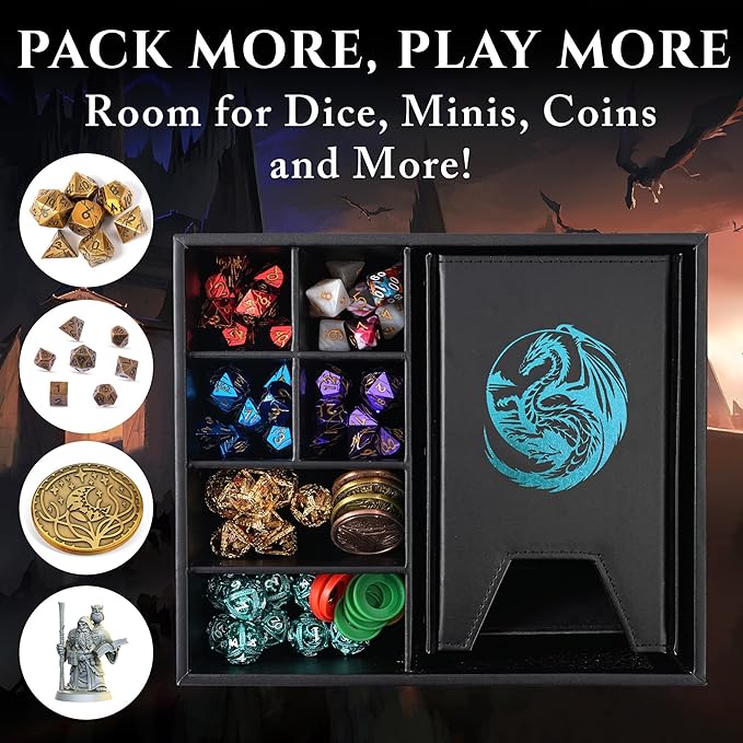 Soar Forge Dice Tray and Dice Tower for DND and RPG - All-in-One Game Roamer Tray & Large Tower for Random Rolls - Stores Your Sets, Mini's and More Compatible with D&D (Blue Dragon)