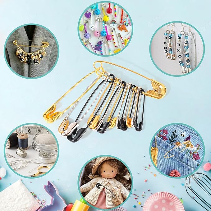 630 Pack Safety Pins Assorted, 5 Different Sizes Small and Large Safety Pin for Clothes Pins Sewing, Nickel Plated Steel, Arts and Crafts Supplies (3 Colors)