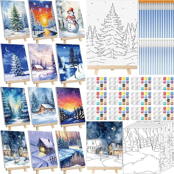Zhanmai 12 Pack Pre Drawn Canvas for Painting Sip and Paint Kit 8" x 10" Paint Party Set Canvas Painting Pre Printed Canvases for Party Favor DIY Virtual Adult's Date Night (Winter Sonw)