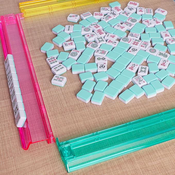American Mahjong Game Set, 166 Light Green Tiles, Blue Bag with Entire Accessories, 4 All-in-One Rack/Pushers, Mahjong Tiles Set