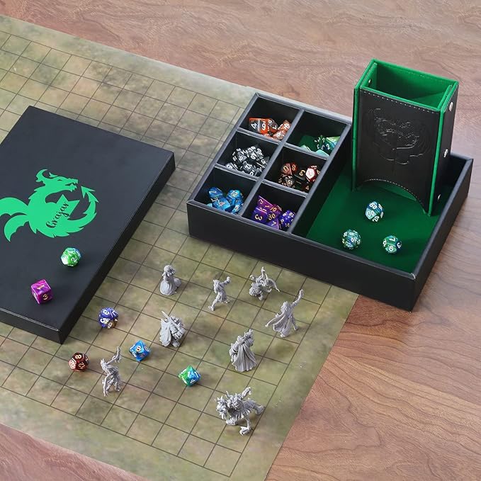 3 in 1 Dice Tray with Lid, Portable Dice Box Storage, D&D RPG MTG Table Games (Green)