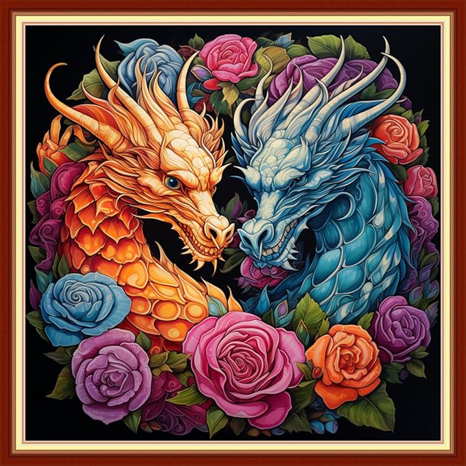 DMCVIVR Stamped Cross Stitch Kits for Adults Beginners Embroidery Kits 11CT Needlepoint Kits Cross Stitch Patterns Embroidery Patterns&Colored Dragon Flower 18x18 inch