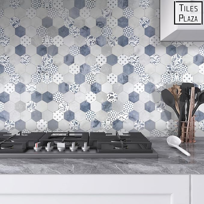 The Tiles Plaza 10-Sheet Peel and Stick Backsplash, Blue Cement Hexagon Stone Composite Marble Looks Self Adhesive Wall Tile, Stick On Tiles for Kitchen Bathroom Shower, Cover 9 Sq Ft.