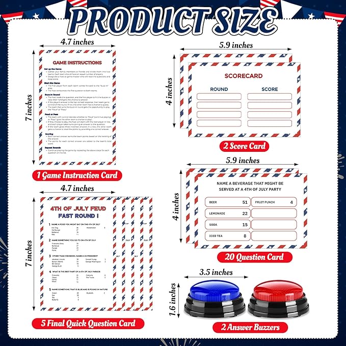 4th of July Friendly Feud Game with 2 Answer Buzzers, Independence Day Feud Cards for Family Game Night Fun Trivia Quiz for Party Office Class Groups Team Building (Red White Blue, Patriotic)