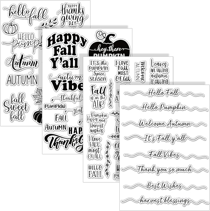 Whaline 4 Sheet Fall Thanksgiving Words Clear Stamps Greeting Words Pumpkin Maple Leaves Silicone Transparent Stamps Happy Fall Stamp Cards for DIY Craft Card Making Scrapbooking Embossing Album Decor