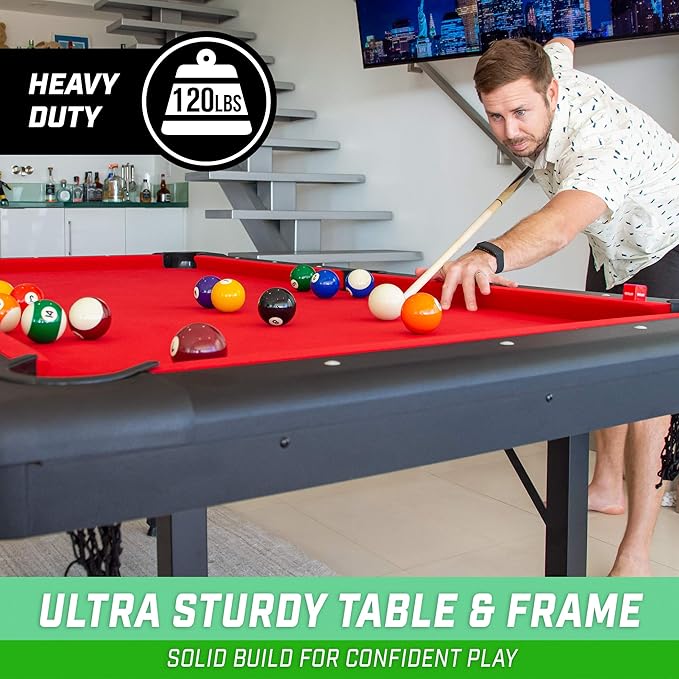 GoSports 6, 7, or 8 ft Billiards Tables - No Assembly, Choose Your Color - Portable Pool Table Includes Full Set of Balls, 2 Cue Sticks, Chalk and Felt Brush