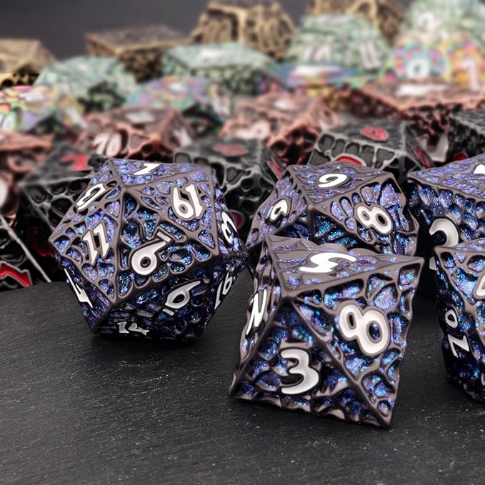 Haxtec Metal DND Dice Set Polyhedral D&D Dice Compatible with Dungeons and Dragons Gift TTRPG Black Blue Glitter Metal Dice