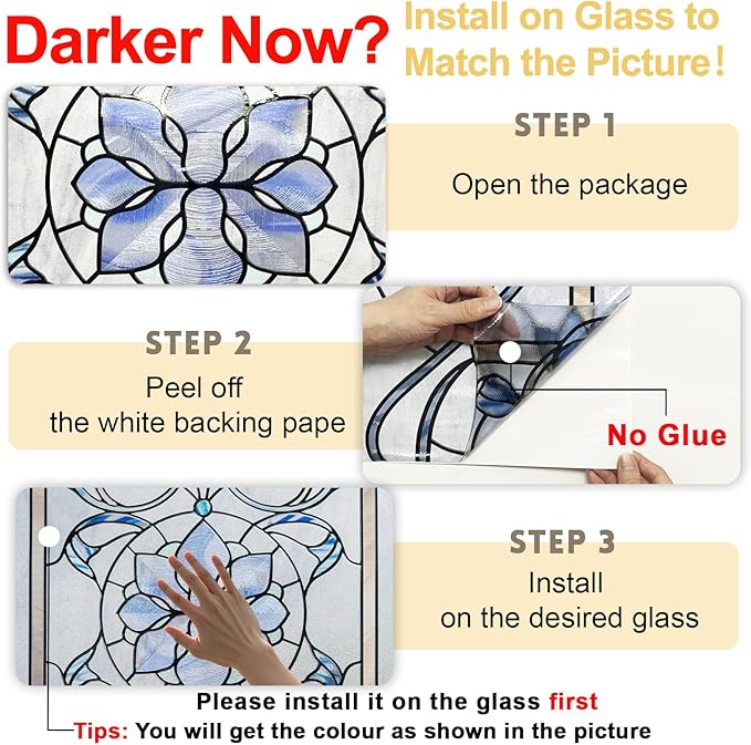 3D Stained Glass Window Privacy Film, Heat Control UV Blocking Static Cling Decorative Window Film for Bathroom,Front Door,Home Non Adhesive,16.9 x 78.7 inches Azure Bloom