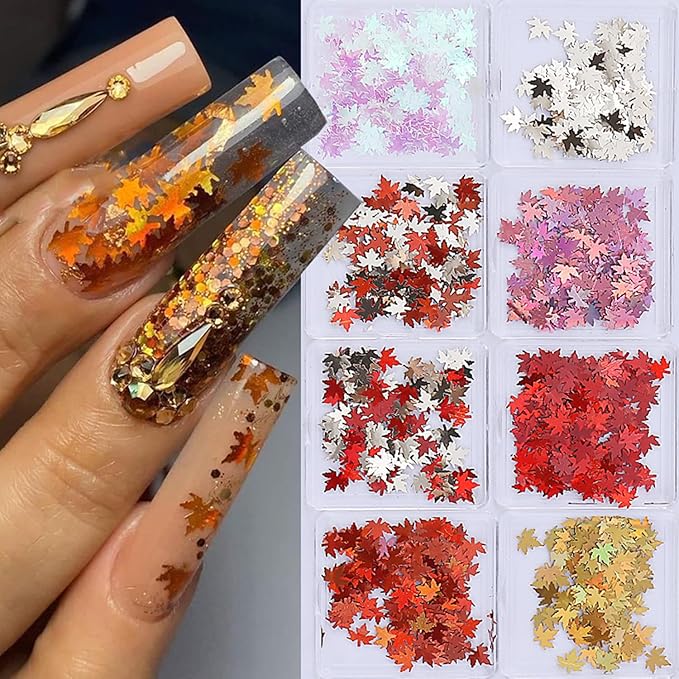 Thanksgiving Glitter Maple Leaf Nail Sequins Fall Nail Flakes Design Nail Charms Holographic Laser Mixed Color 3D Confetti Nail Glitter Sequins for Women