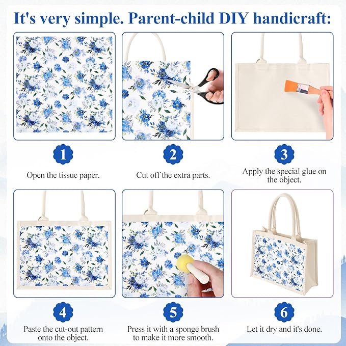 40 Pack 10 Styles Decoupage Paper Napkins, Assorted Blue and White Floral Decorative Decoupage Cocktail Napkins for Birthday Tea Party Wedding Dinner Kitchen Bathroom