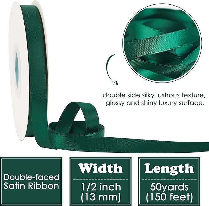 HUIHUANG Hunter Green Satin Ribbon 1/2 inch X 50 Yards Continuous, Dark Green Double-Faced Satin Ribbon for Gift Wrapping, Bows, DIY Crafts, Flower Bouquet, Wedding Decor, Christmas
