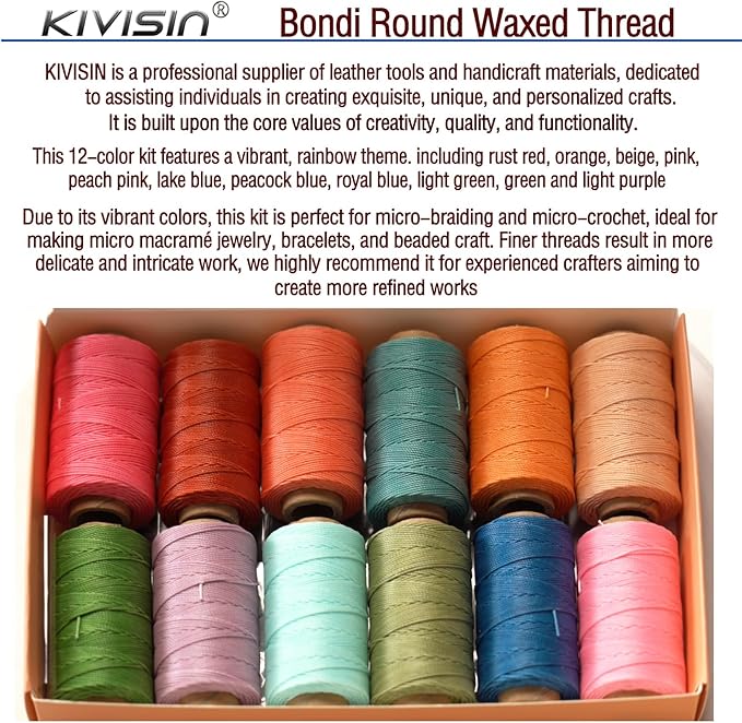 0.55mm Bonded Round Waxed Polyester Thread 76 Yards Each, 12 Rainbow Color Wax Coated String Thin Cord for Micro Macrame, Bracelets Braided, Leather Sewing, Stitching, Beading and Bookbinding