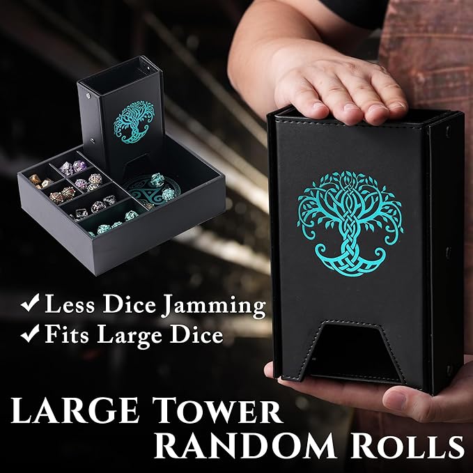 Dice Tray and Dice Tower for DND and RPG - All-in-One Game Roamer Tray & Large Tower for Random Rolls - Stores Your Sets, Mini's and More Compatible with D&D (Blue Tree)