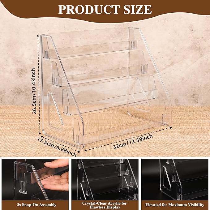 Elevated 4 Tier Clear Acrylic Card Display Stand for Trading Cards, Sports Cards, Greeting Cards, Stickers – Slanted Holder for PSA Slabs, Vendors, Collectors & Retail (4 Tier 1 Pack)