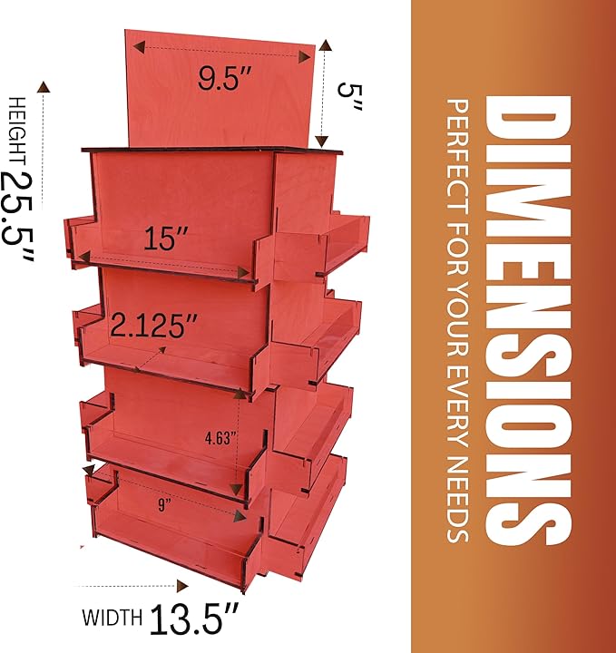 TORCHED DISPLAYS 4-Sided Rotating Display Stand - Craft Shows, Trade Shows, Markets - Small & Medium-Sized Items like Stickers, Postcards, Coasters, Note Pads, Napkins, Easy to Assemble (Red)