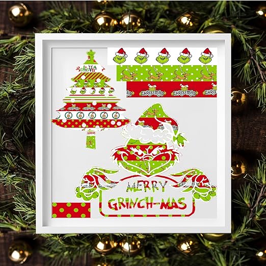 Christmas Washi Tape Set - 12 Rolls with Funny Cartoon Character Design in Green and Red for Festive Crafting and Gift Wrapping - 196.85ft Total Length