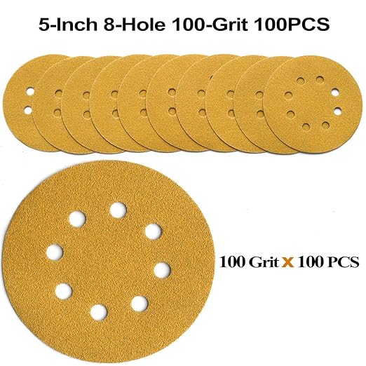 5-Inch 8-Hole Hook and Loop Sanding Discs 100-Grit Random Orbit Sandpaper, 100-Pack