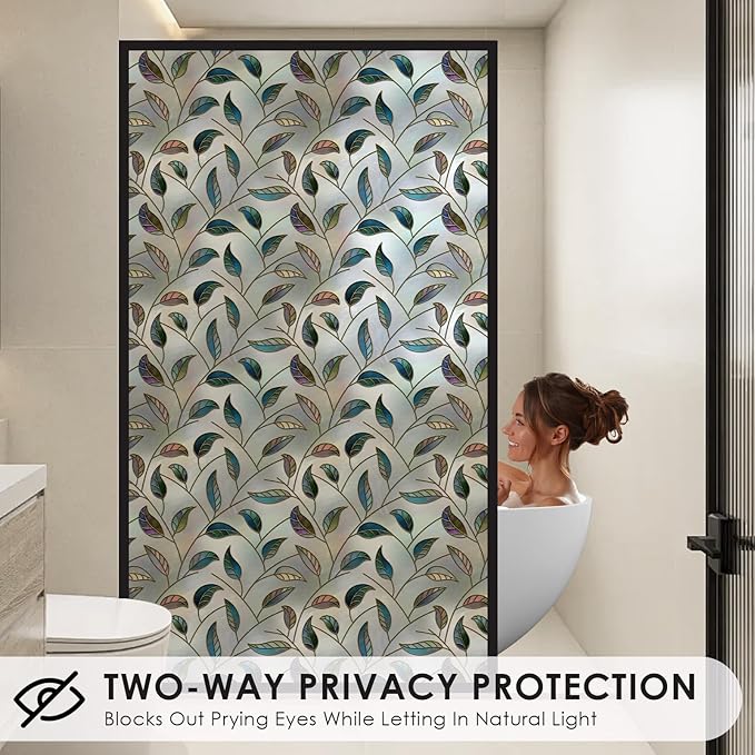 DKTIE Static Cling Decorative Window Film Vinyl Non Adhesive Privacy Film, Multilayer UV Inkjet Technology, 3D Thickened Stained Film (S166, 35.4'' x 118.1'')