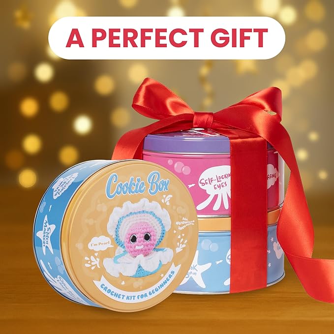 Cookie Box Crochet Kit for Beginners – Gift Set to Make Oyster Pear Amigurumi Plushie – Easy DIY Crochet & Knitting Starter Kit with Video and PDF Tutorials