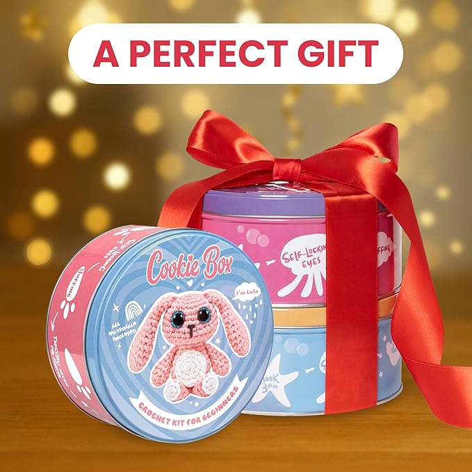 Cookie Box Crochet Kit for Beginners – Gift Set to Make Bunny Lola Amigurumi Plushie – Easy DIY Crochet & Knitting Starter Kit with Video and PDF Tutorials
