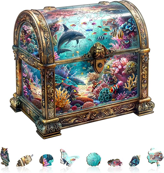 Wooden Puzzles for Adults, Treasure Chest Ocean Wooden Jigsaw Puzzle Fish 430 PCS Unique Shape Wood Puzzles Adult 3D Visual Effect Birthday Gifts for Puzzle Lovers Family Games (XL-17.3 * 16.7in)