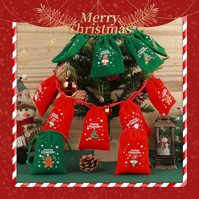 Tapleap Christmas Bags with Drawstring - 50Pcs 3x4 Red and Green Velvet Cloth for Wrapping Dice, Jewelry, Party Favors or Gifts for Friends, Children, Customers